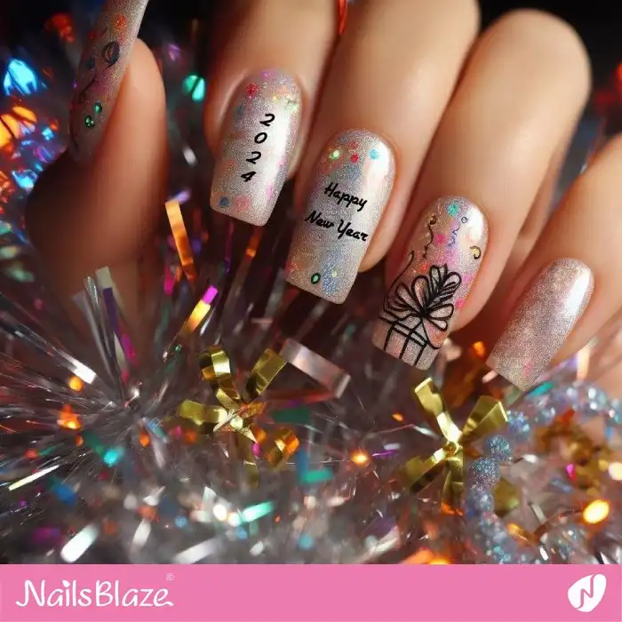 Shimmer New Year Nails with Gift Design | 2024 Nails - NB1356